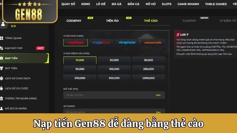 Nạp tiền Gen88 dễ dàng bằng thẻ cào